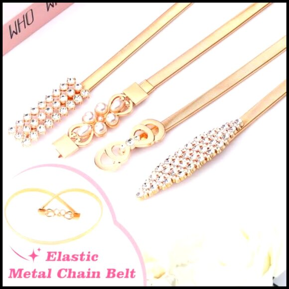 Gold Metal Chain Belt Set Rhinestone Pearl Buckles Elastic Skinny Waist Cinch